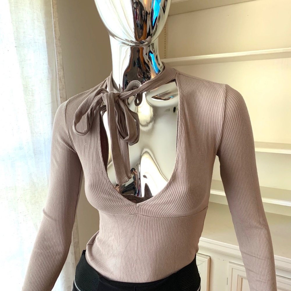 Tan long sleeve body suit with neck ties